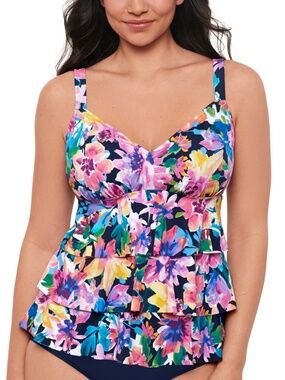Swim Solutions Women's Garden Swan Triple-Tiered Tankini,Navy Multi